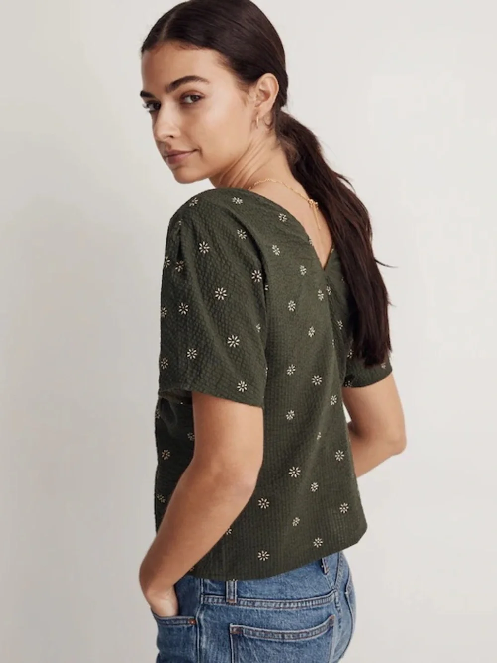 Madewell Voile Puff-Sleeve Top 10 large Floral green 100% Cotton short v-neck